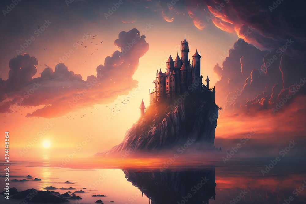 view of the castle at sunset, generative ai