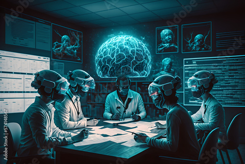 Scientists working in an amazing holographic lab to solve the mysteries of disease, cancer and the universe. Blue spheres and 3D data are all around. The future of science and work office photo