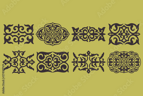 Set of 8 islamic ornaments on yellow background in vector. Circular ornamental arabic symbols. Abstract Asian elements of the national pattern of the ancient nomads of the Kazakhs, Tatars.