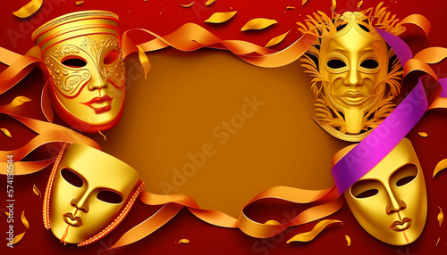 golden face masks red ribbons and a drum carnival on a red background.