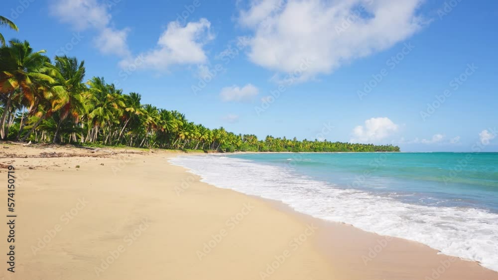 Relax on an empty sea beach with palm trees. Travel to Phuket island, idyllic tropical sea video, copy space. Beach with yellow sand and turquoise clear sea water with waves and palm forest. Relax on an empty sea beach with palm trees. Travel to Phuket island, idyllic tropical sea video, copy space. Beach with yellow sand and turquoise clear sea water with waves and palm forest.