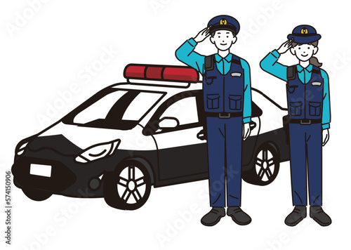 男女の警官とパトカーのベクターイラスト素材／警察／お巡りさん