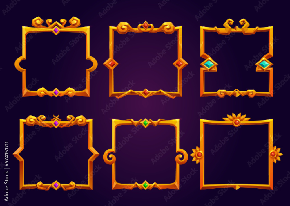 Cartoon set of golden square game frames isolated on background. Vector illustration of fancy