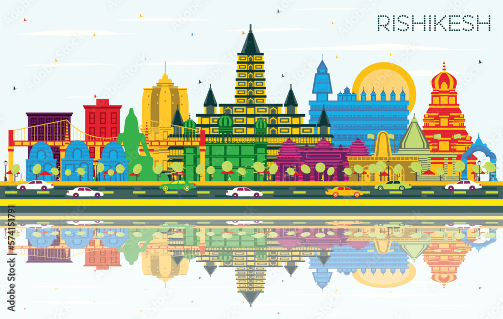 Rishikesh India City Skyline with Color Buildings, Blue Sky and Reflections. Vector Illustration. Rishikesh Cityscape with Landmarks.