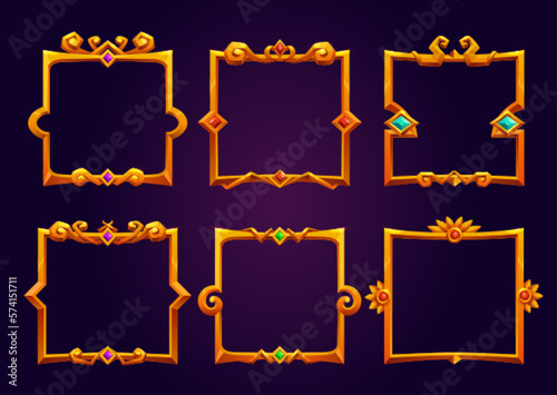 Cartoon set of golden square game frames isolated on background. Vector illustration of fancy medieval borders with cast iron ornaments and precious gemstones. Symbol of royal rank. Gui elements