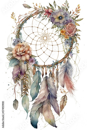 watercolor decoration bohemian dream catcher, boho feathers decoration, native dream chic design, Generative AI