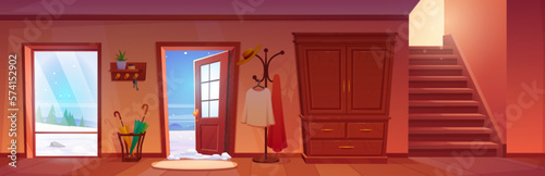 House hallway interior with open door, large window and snowy winter landscape view. Vector cartoon illustration of hall with furniture and stairs, wooden wardrobe, hanger for clothes, umbrella stand