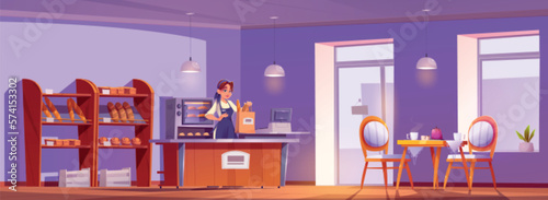 Cartoon bakery interior with female seller behind counter. Vector illustration of cafe inside, cups and cake served on table, fresh pastry on shelves and in oven, woman with bag of French baguettes