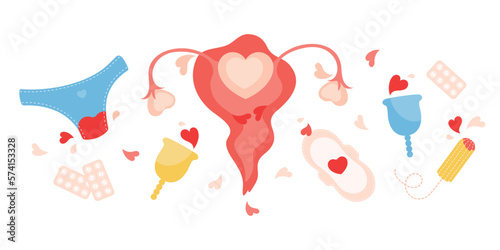 Vector set of female intimate hygiene products. Women supplies for menstruation underpants, pads, tampon, menstrual cup and pills. An image of the uterus. Menstrual cycle. Girl critical days