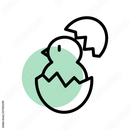 Easter baby chicken with crack egg outline vector icon illustration