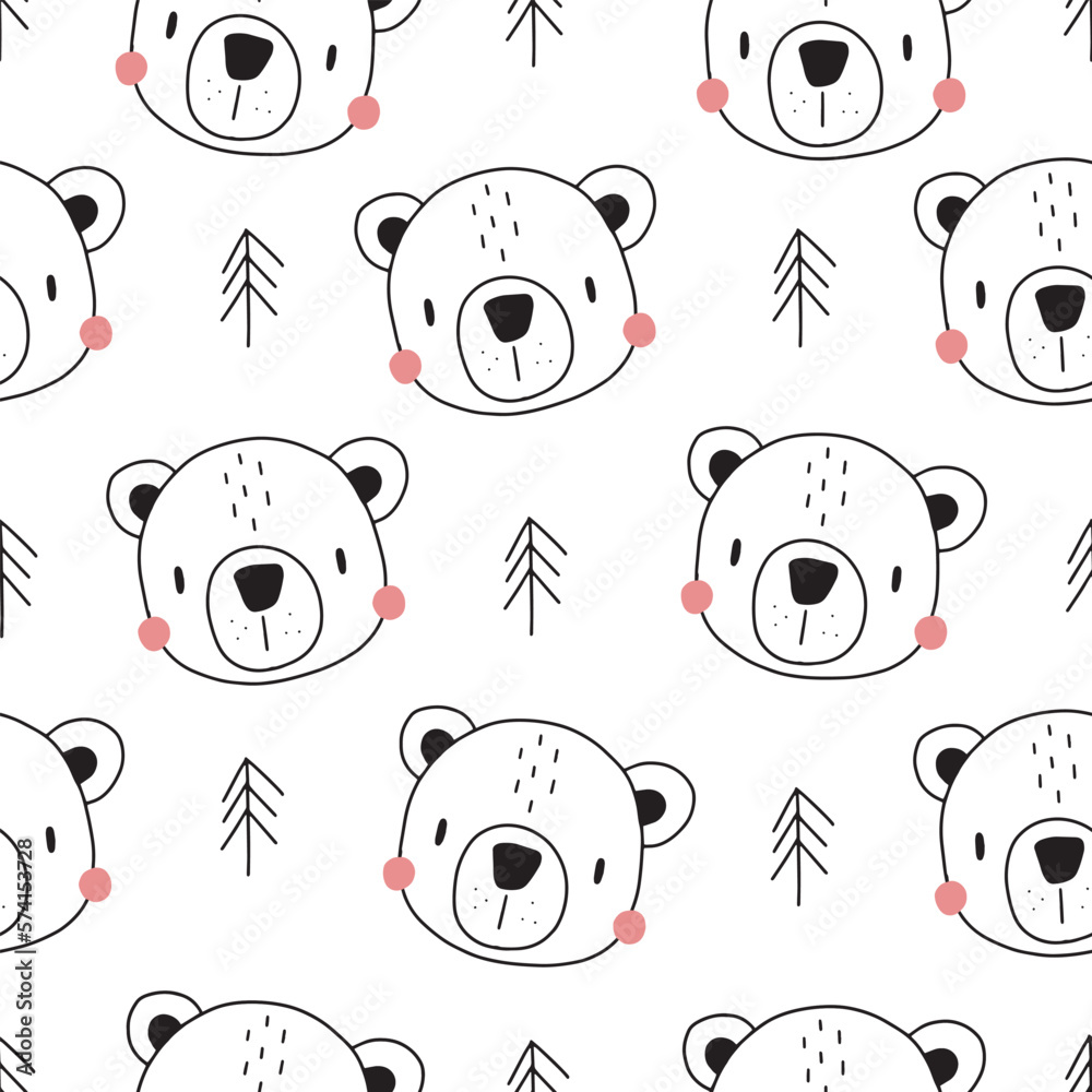 Fototapeta premium Seamless childish pattern of a cute bear in scandinavian style. Vector illustration for baby and textile decoration