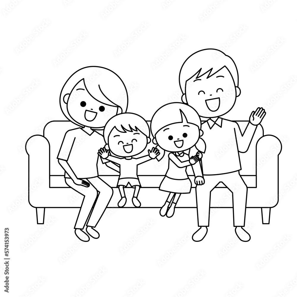 ソファに座っている楽しそうな家族（線画）
