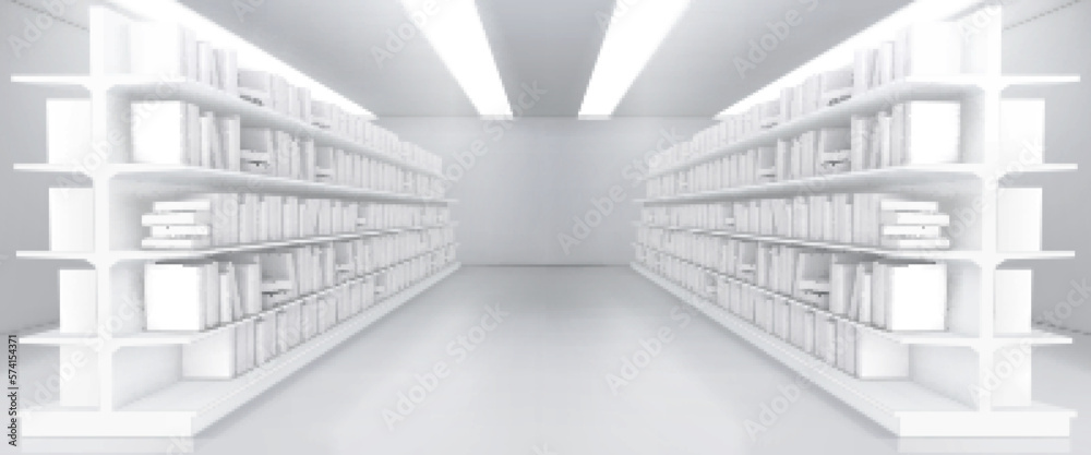 Realistic library aisle mockup. Vector illustration of abstract white shop interior with many books on shelves standing in rows. Literature for education and hobby. Reading section in supermarket - obrazy, fototapety, plakaty 
