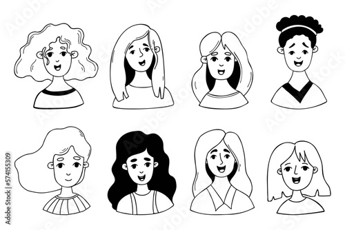 Collection cute female cartoon faces. Isolated vector doodle faces portraits of women and girls for use as icons, avatars for social networks, design.