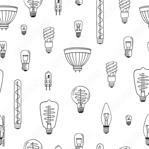 Seamless pattern with vector light bulbs. Hand drawn illustration. A simple sketch of a lamp.