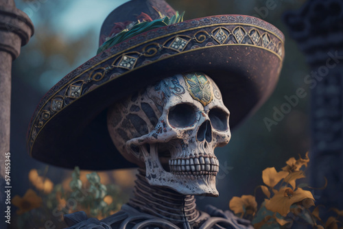 skeleton in Mexican Traditional Costume and Sombrero Hat, Dia de Muertos, Day of the Dead - Generative AI