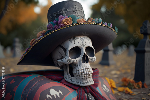 Skull in Mexican Traditional Costume and Sombrero Hat, Dia de Muertos, Day of the Dead - Generative AI
