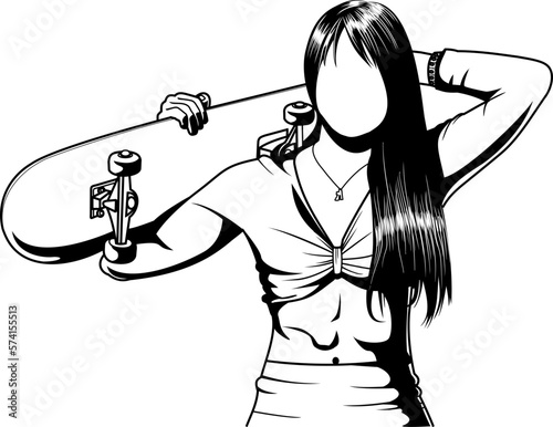 Woman holding skateboard vector line art black white outline transparent background
