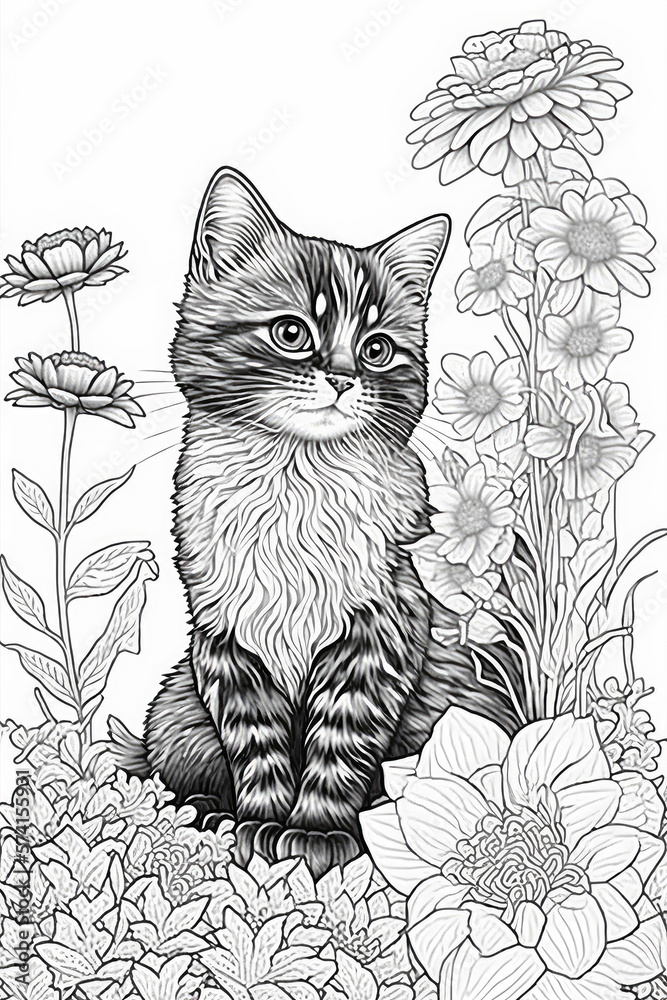black and white adult coloring book illustration, nature