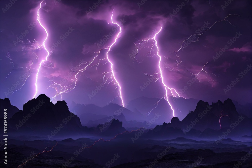 Dark dramatic stormy night sky with lightning bolts. Night mountain ...