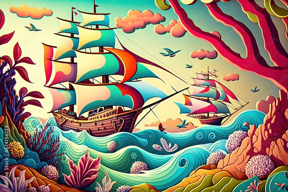 Bright, vibrant candyland wonderland sailing ships on the sea cartoon fairytale style for children.  Generative AI.