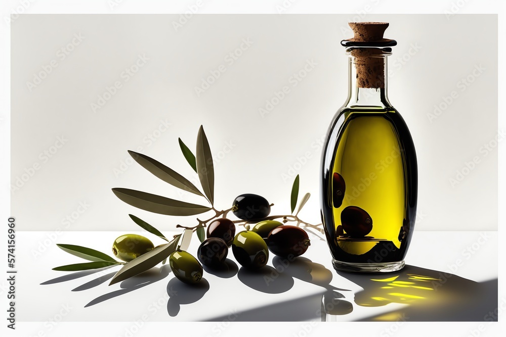 Bottle of fresh extra olive oil and green olives with leaves. Olive oil in the bottle. Generative AI Bottle of fresh extra olive oil and green olives with leaves. Olive oil in the bottle. Generative AI
