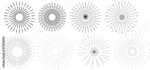 set of black color sun rays vector icons on isolated background.