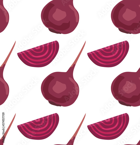 Whole beets and slices. Seamless pattern in vector. For print and background. Healthy, natural vegetables.