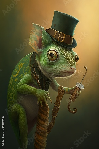 Beautiful Saint Patrick's Day Parade Celebrating Cute Creatures, Nature, and Biodiversity: Chameleon Animal in Festive Green Attire Celebration of Irish Culture and Happiness (generative AI) © Get Stock