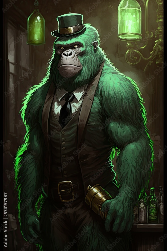 Beautiful Saint Patrick's Day Parade Celebrating Cute Creatures, Nature, and Biodiversity: Gorilla Animal in Festive Green Attire Celebration of Irish Culture and Happiness (generative AI)