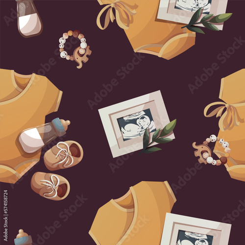 Seamless pattern with baby bodysuit ,  ultrasound baby picture, milk bottle, booties. Baby clothes store, Baby waiting, pregnancy, sonogram concept. Vector illustration.