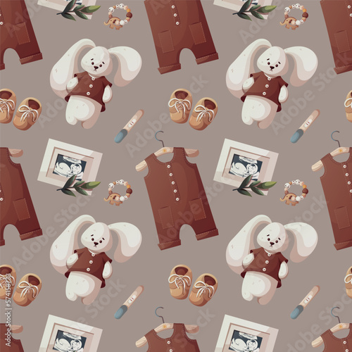 Seamless pattern with baby romper, plush bunny, ultrasound baby picture. Baby waiting, baby clothes, pregnancy, sonogram concept. Vector illustration.