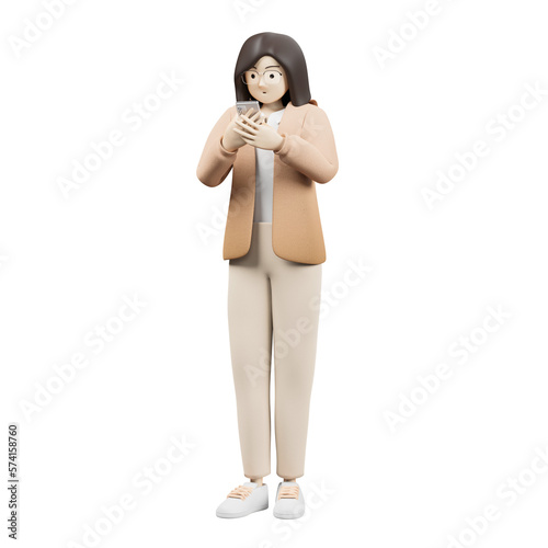 woman holding phone 3d character illustration