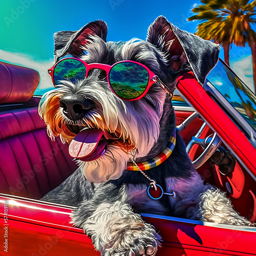 A Cute Schnauzer wearing sunglasses, AI generative.