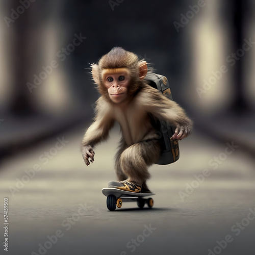 A little monkey going to school on a skate, AI generative.