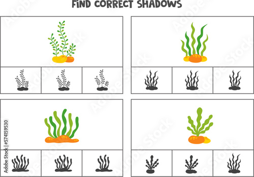 Find correct shadow of cute sea weeds. Printable clip card games for children.