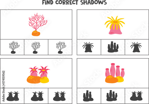 Find correct shadow of cute sea animals. Printable clip card games for children.