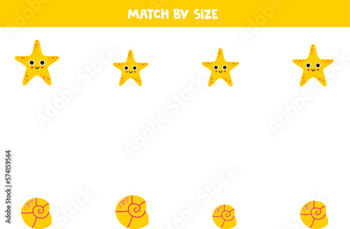 Matching game for preschool kids. Match yellow starfish and seashell by size.