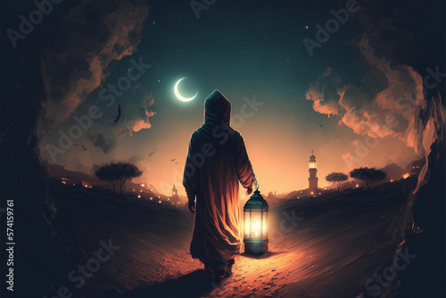 Leinwand Poster a muslim is ready to face the blessed month of ramadhan while carrying a lantern at night