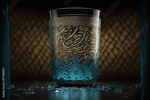 drinking water glass cup with beautiful islamic ornament. Generative ai photo