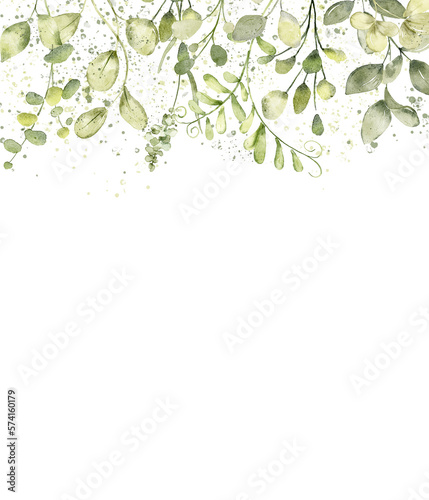 Greeting card design, floral background with leaves. Watercolor hand painting.