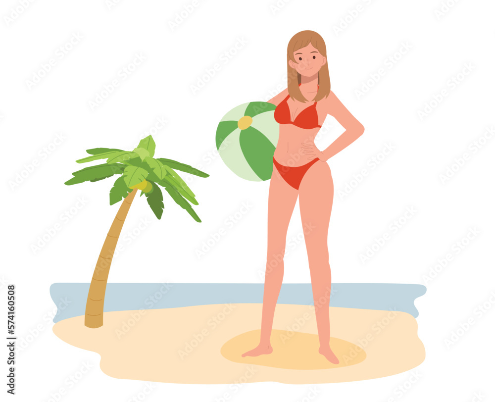 summer beach vacation theme. girl in bikini holding beach ball on the beach. background with sea, coconut trees. Flat Vector illustration