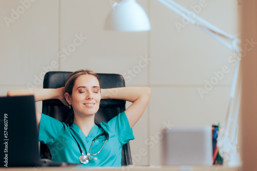 Relaxed Carefree Medical Doctor Ready to Take a Break. Happy carefree medic feeling satisfied and confident

 #574160799