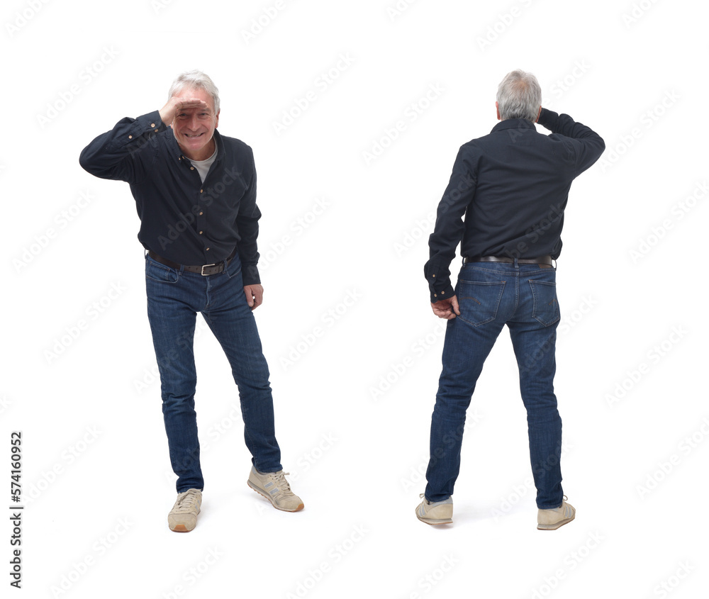 back and front of a man looking away on white background back and front of a man looking away on white background