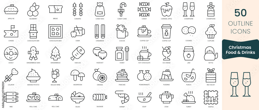 Set of christmas food and drinks icons. Thin linear style icons Pack. Vector Illustration Set of christmas food and drinks icons. Thin linear style icons Pack. Vector Illustration
