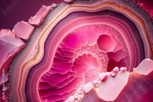 An abstract backdrop, a vibrant slice of pink agate mineral, themes of well-being, healing, and emotional balance. Crystals and stones, beauty concept. AI digital image. photo