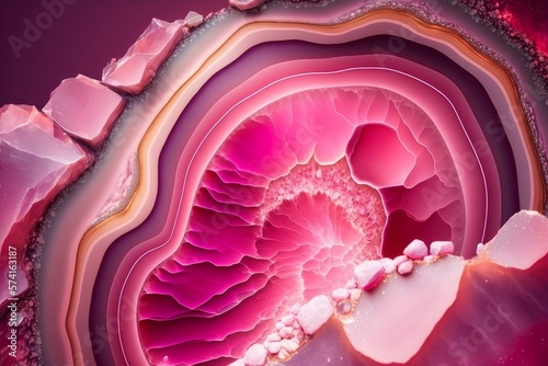 An abstract backdrop, a vibrant slice of pink agate mineral, themes of well-being, healing, and emotional balance. Crystals and stones, beauty concept. AI digital image.