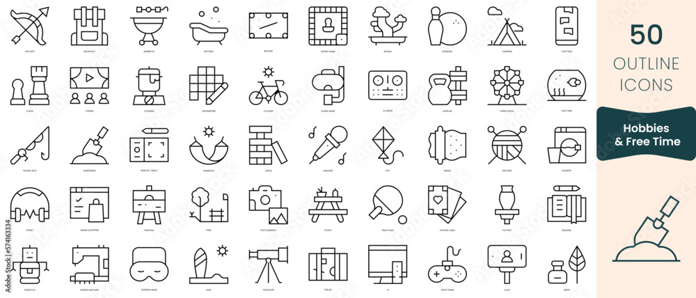 Set of hobbies and free time icons. Thin linear style icons Pack. Vector Illustration