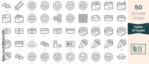 Set of types of sushi icons. Thin linear style icons Pack. Vector Illustration