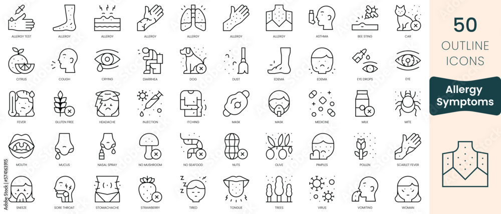Set of allergy symptoms icons. Thin linear style icons Pack. Vector Illustration Set of allergy symptoms icons. Thin linear style icons Pack. Vector Illustration